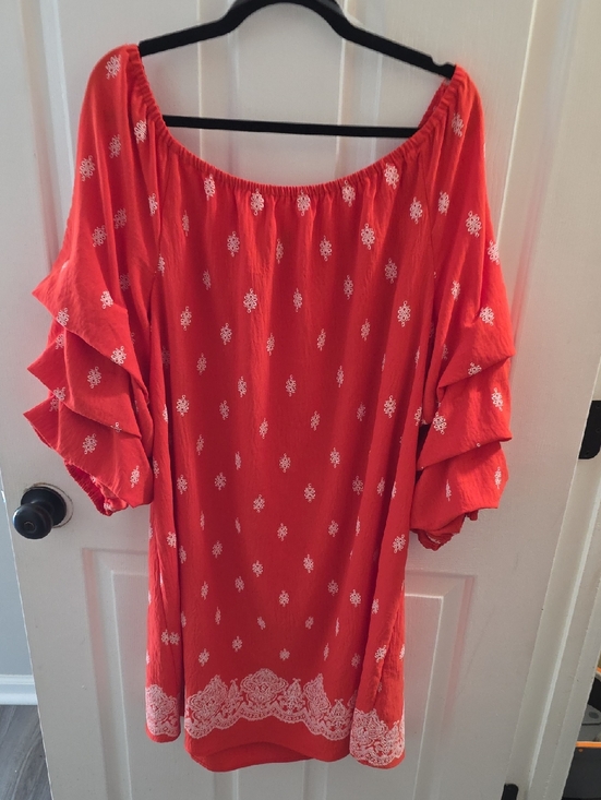 chole + rene Tops - Women’s Red Off-Shoulder Tiered Sleeve Tunic Top